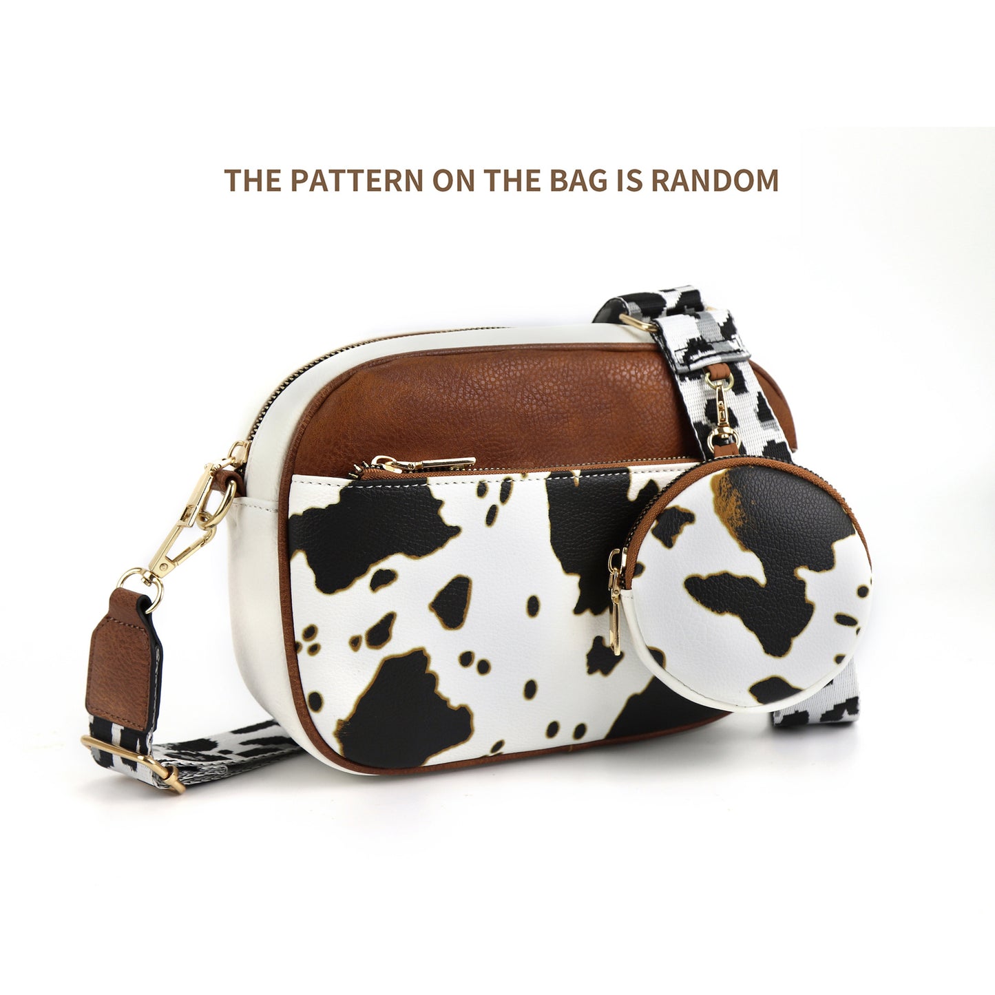 Multifunctional Cow Color Matching Crossbody Bag with Zipper