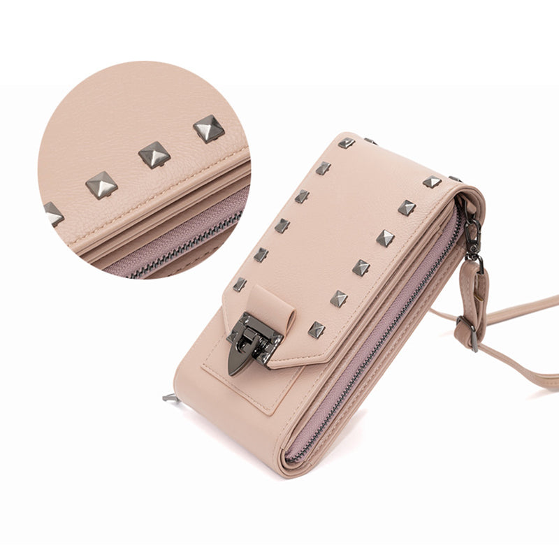 Women Solid Color Rivet Design Crossbody Bag Mobile Phone Shoulder Handbag