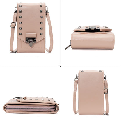Women Solid Color Rivet Design Crossbody Bag Mobile Phone Shoulder Handbag