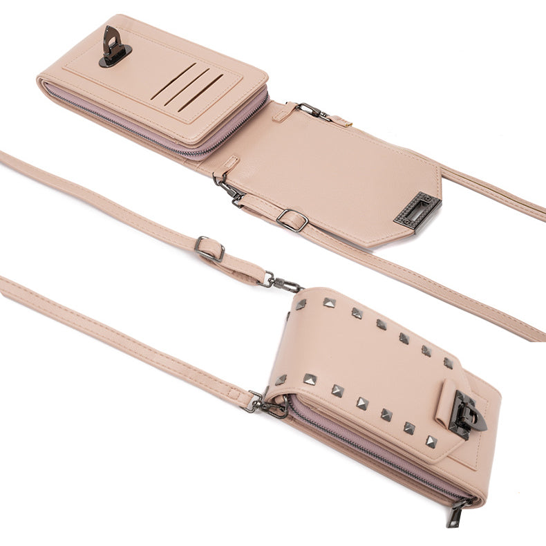 Women Solid Color Rivet Design Crossbody Bag Mobile Phone Shoulder Handbag