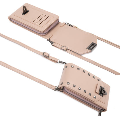 Women Solid Color Rivet Design Crossbody Bag Mobile Phone Shoulder Handbag