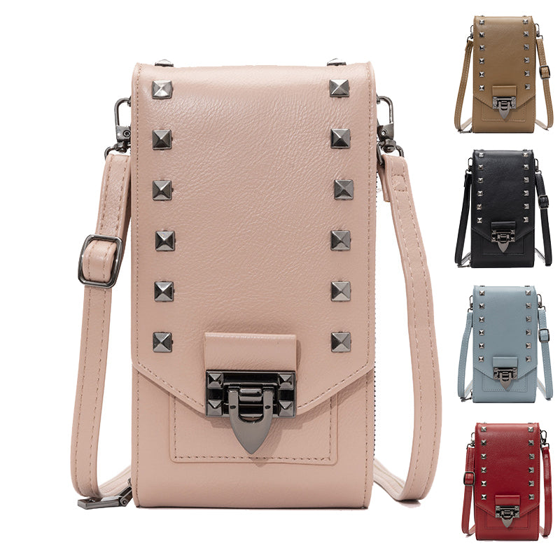 Women Solid Color Rivet Design Crossbody Bag Mobile Phone Shoulder Handbag