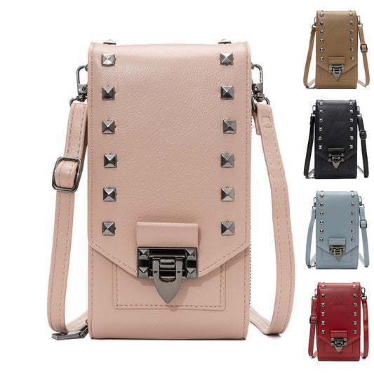 Women Solid Color Rivet Design Crossbody Bag Mobile Phone Shoulder Handbag