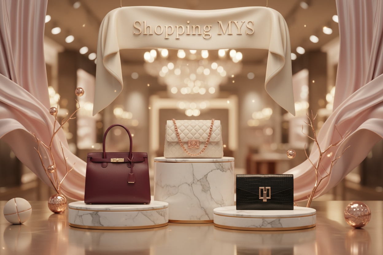 i need banner who represent shopping of luxury ladies bags and full stylish banner and add shopping MYS and something like you want to add